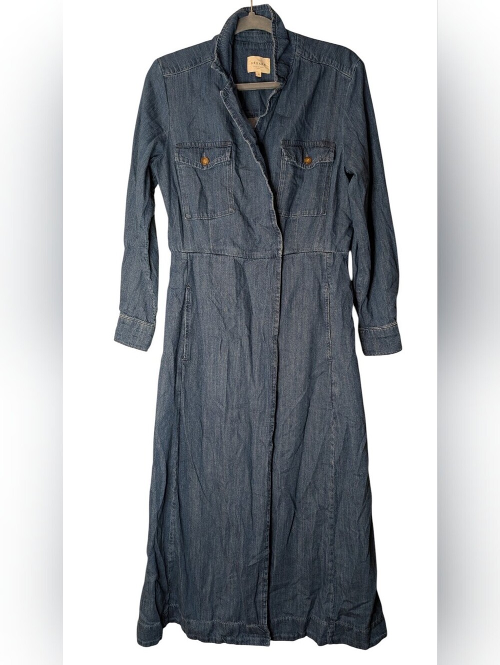 Sézane Filomena Denim Wrap Dress Wash Midi Maxi 100% Cotton Long Sleeve  38/6 US